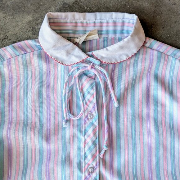 Vintage Blue Pink Purple Striped Peter Pan Collar Button Front Shirt - Picture 3 of 9